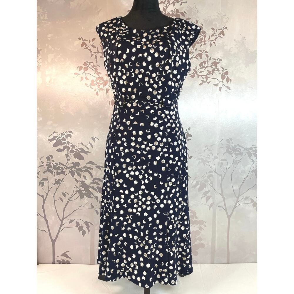 Connected Apparel Womens 10 Navy Blue Polka Dot Moon Print Sleeveless Midi Dress